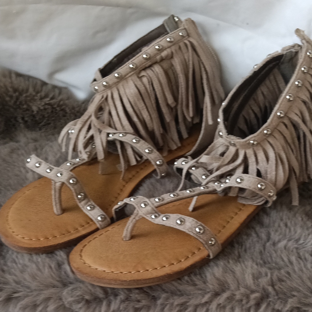 Tan Fringe Sandals with Studded Details